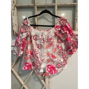 Alexia Admor size small embroidered lace blouse white & pink